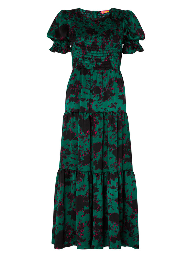 Persephone Shirred Green Cow Print Dress