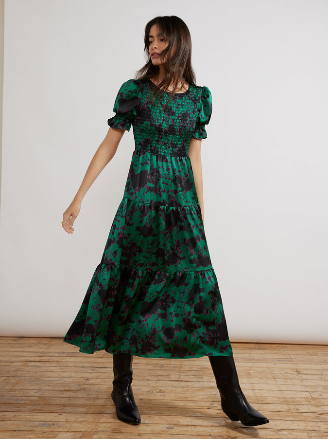 Persephone Shirred Green Cow Print Dress by KITRI Studio