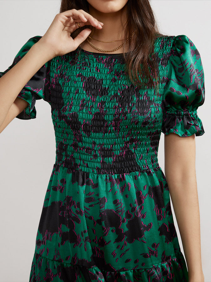 Persephone Shirred Green Cow Print Dress by KITRI Studio