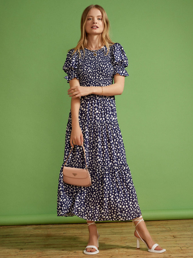 Persephone Shirred Navy Animal Spot Dress by KITRI Studio
