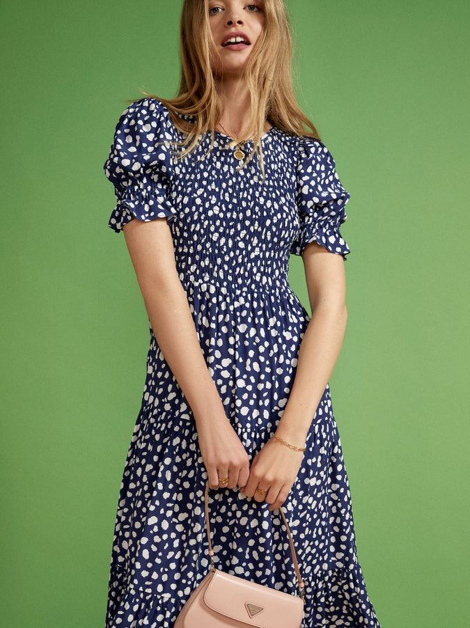 Persephone Shirred Navy Animal Spot Dress by KITRI Studio