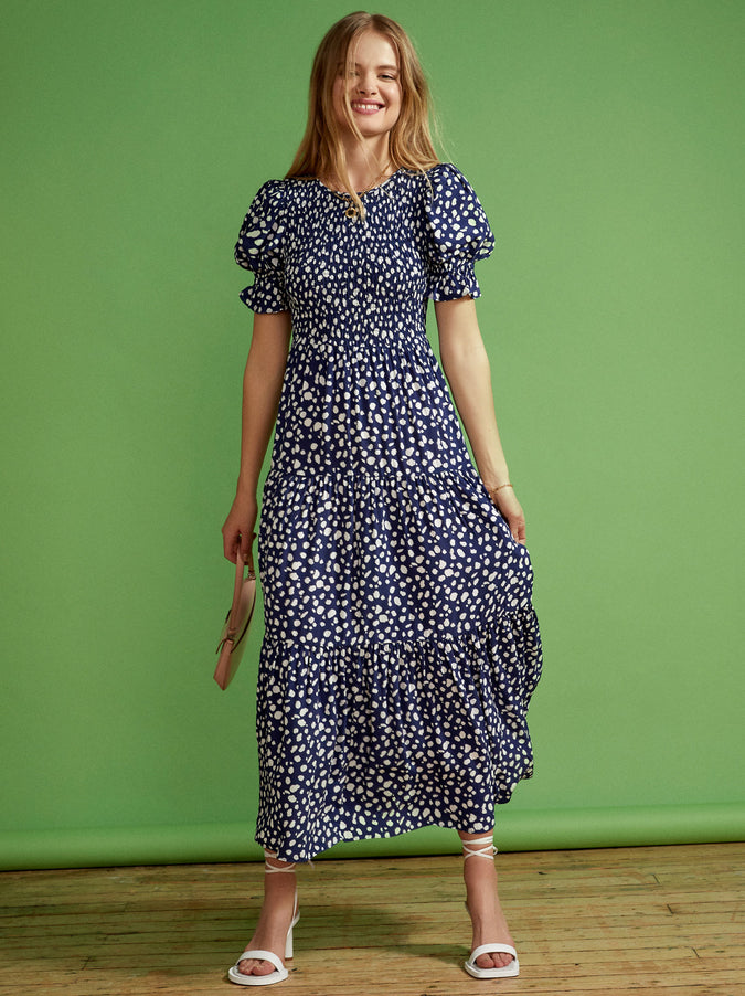 Persephone Shirred Navy Animal Spot Dress by KITRI Studio