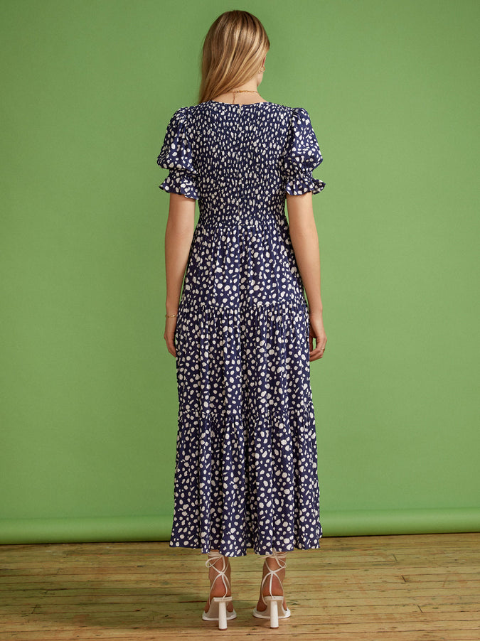 Persephone Shirred Navy Animal Spot Dress by KITRI Studio