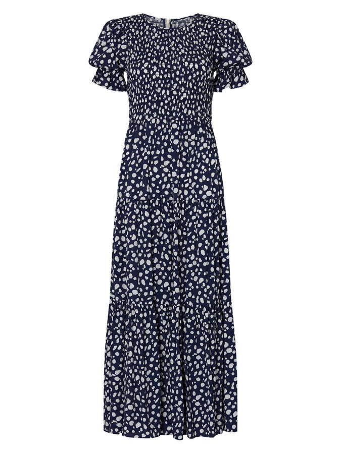 Persephone Shirred Navy Animal Spot Dress by KITRI Studio