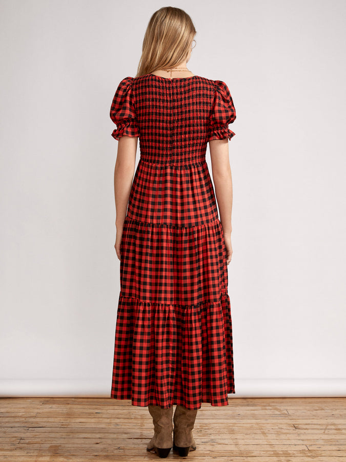 Persephone Shirred Orange Checked Dress by KITRI Studio