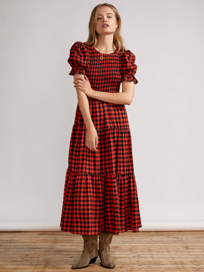 Persephone Shirred Orange Checked Dress by KITRI Studio