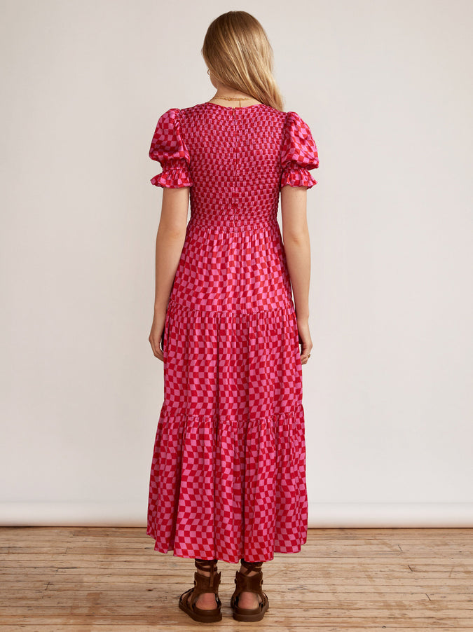 Persephone Shirred Pink Checker Dress by KITRI Studio