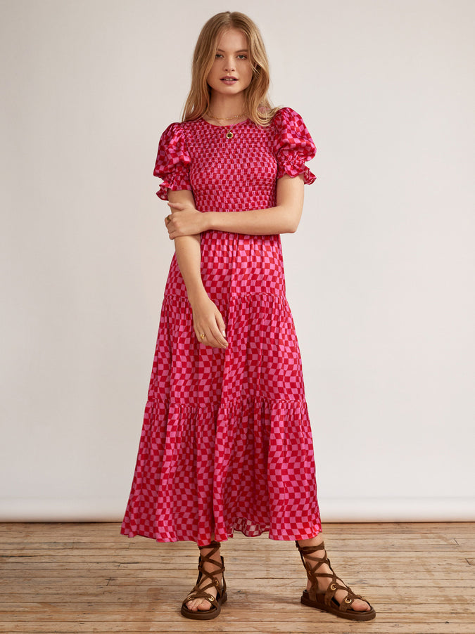 Persephone Shirred Pink Checker Dress by KITRI Studio