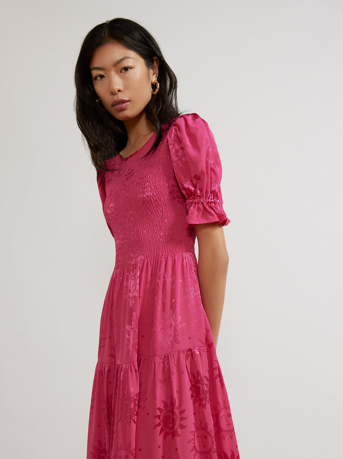 Persephone Shirred Pink Sungod Dress by KITRI Studio