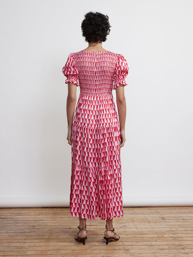 Persephone Shirred Pink Tile Print Dress by KITRI Studio