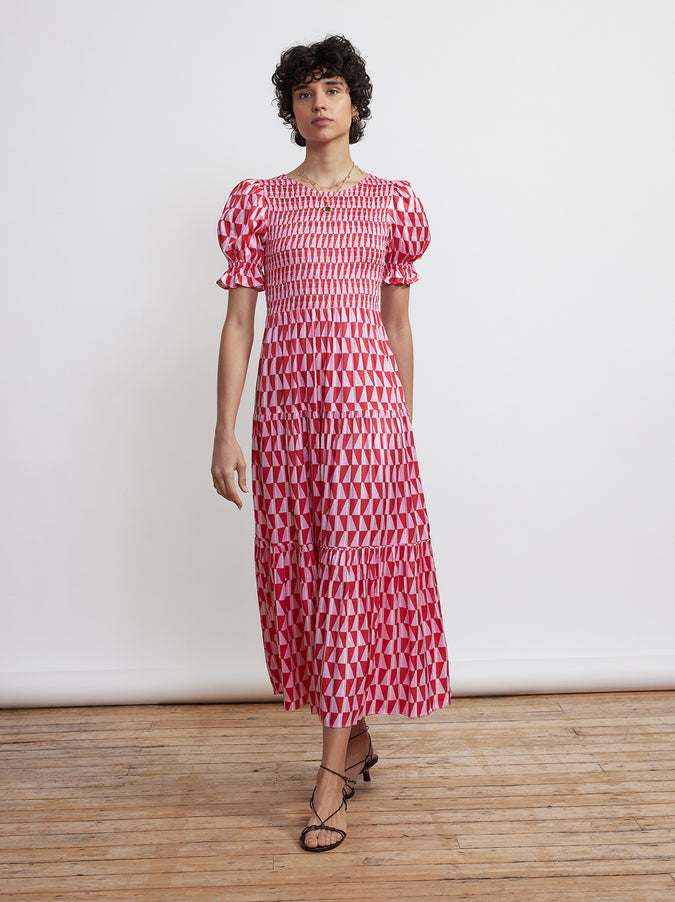 Persephone Shirred Pink Tile Print Dress by KITRI Studio