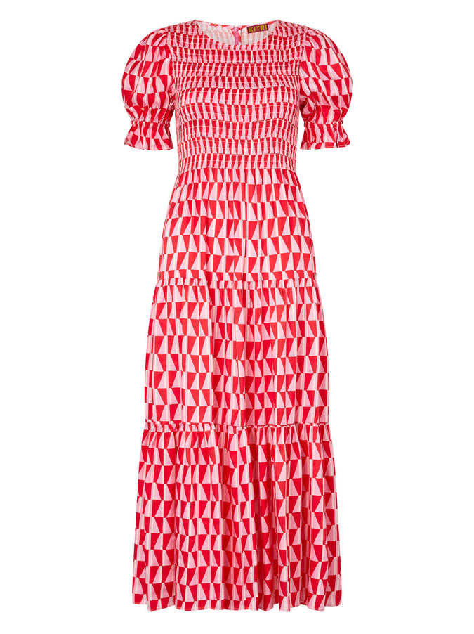 Persephone Shirred Pink Tile Print Dress by KITRI Studio