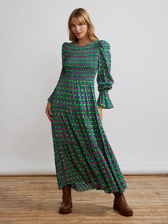 Petra Green Linear Floral Shirred Dress by KITRI Studio