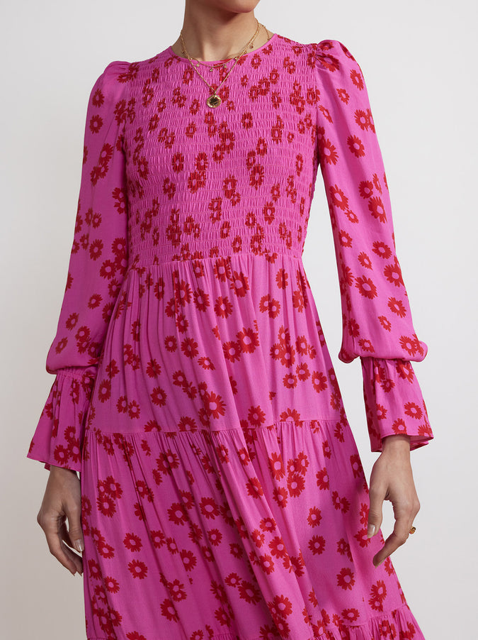 Petra Pink Daisy Print Shirred Dress by KITRI Studio