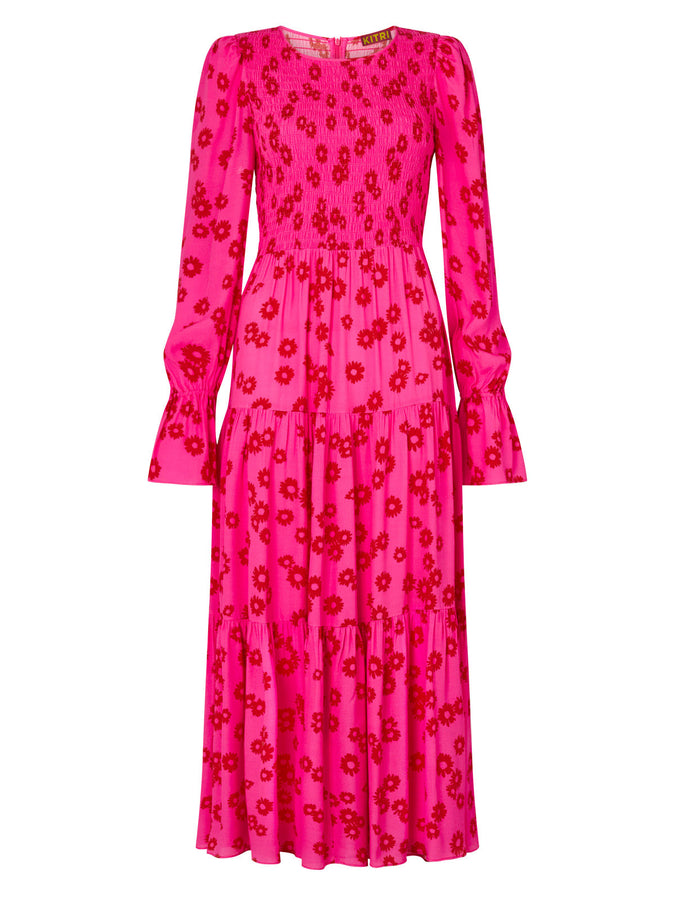 Petra Pink Daisy Print Shirred Dress by KITRI Studio