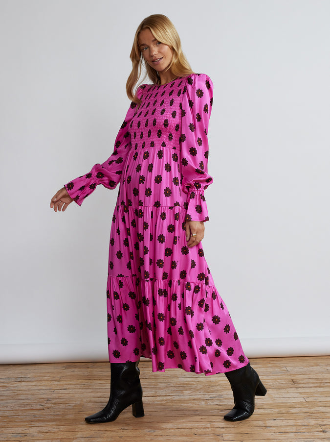 Petra Pink Retro Floral Shirred Dress by KITRI Studio