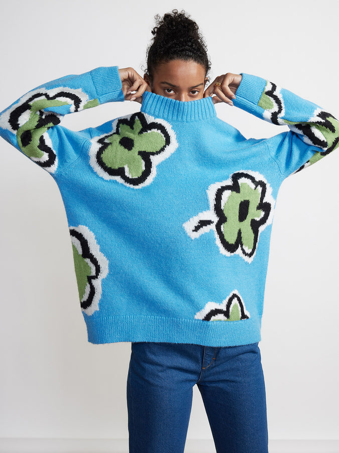 Phoebe Blue Painted Floral Sweater by KITRI Studio