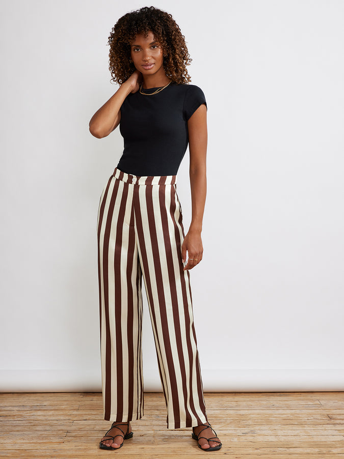 Phoenix Chocolate Striped Satin Trousers by KITRI Studio