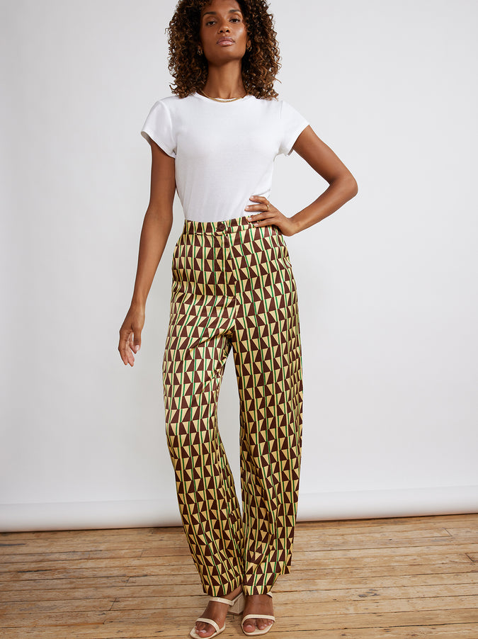 Phoenix Chocolate Tile Print Satin Trousers by KITRI Studio