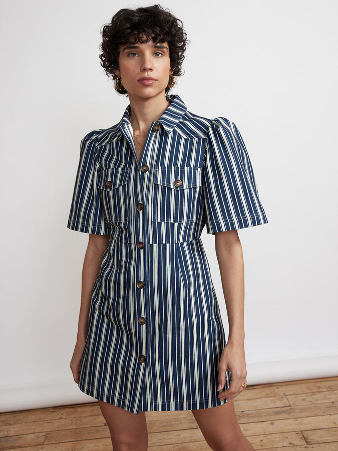 Shania Blue Stripe Cotton Canvas Mini Dress by KITRI Studio