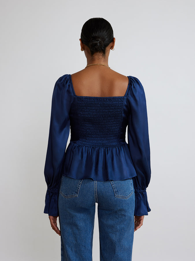Sonya Navy Pleated Satin Top by KITRI Studio