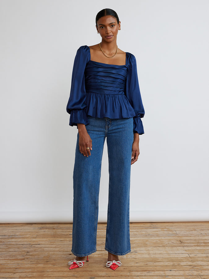Sonya Navy Pleated Satin Top by KITRI Studio