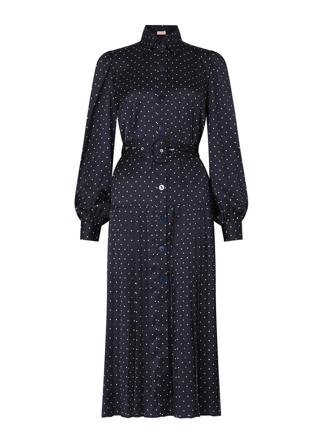 Tara Navy Polka Dot Pleated Shirt Dress by KITRI Studio