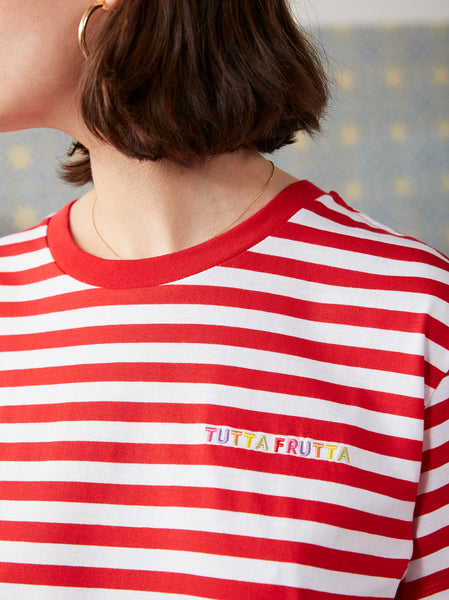 Tutta Frutta Red Striped Cotton Short Sleeve T-shirt | Women's Cotton T- shirts KITRI