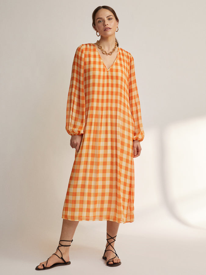 Willow Orange Gingham Pleated Dress by KITRI Studio