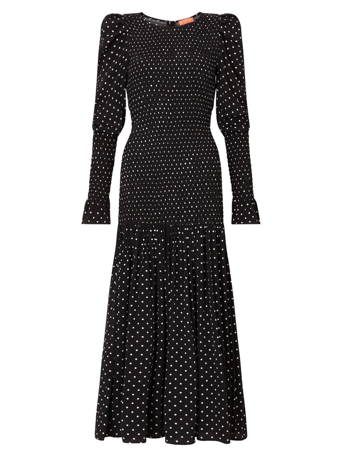 Wren Black Polka Dot Shirred Dress by KITRI Studio