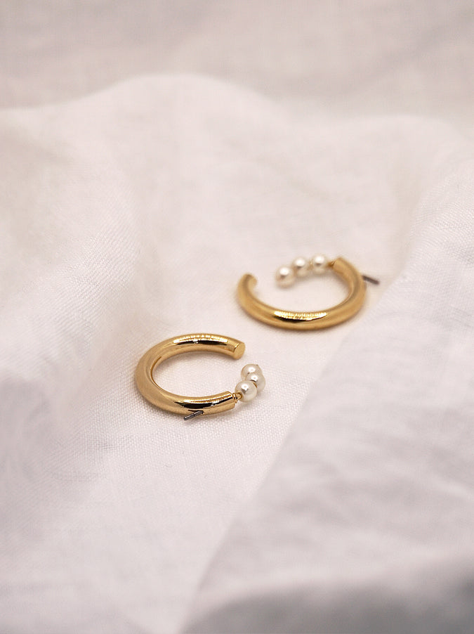 Triple Pearl Gold Hoop Earrings