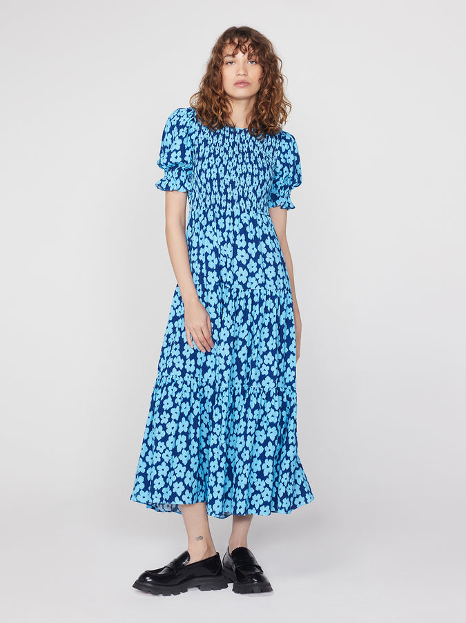 Persephone Blue Blurred Floral Midi Dress