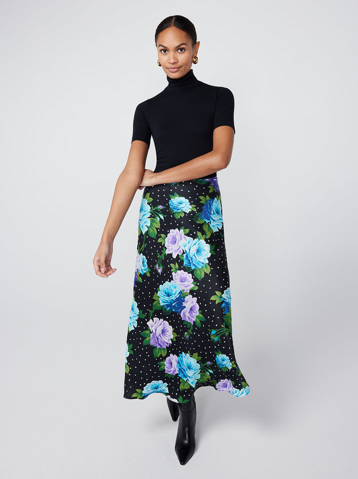 Layla Blue Painted Rose Midi Skirt