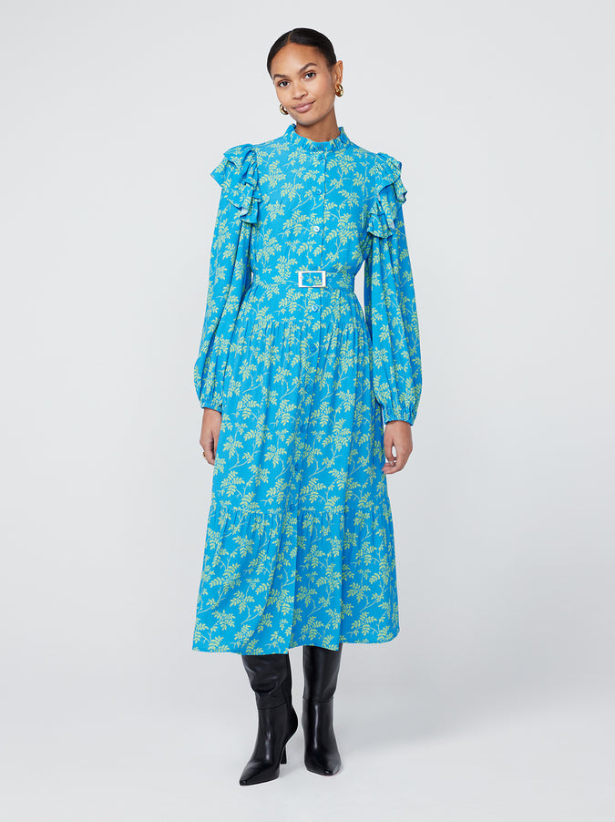 Aster Blue Vintage Leaf Print Shirred Dress