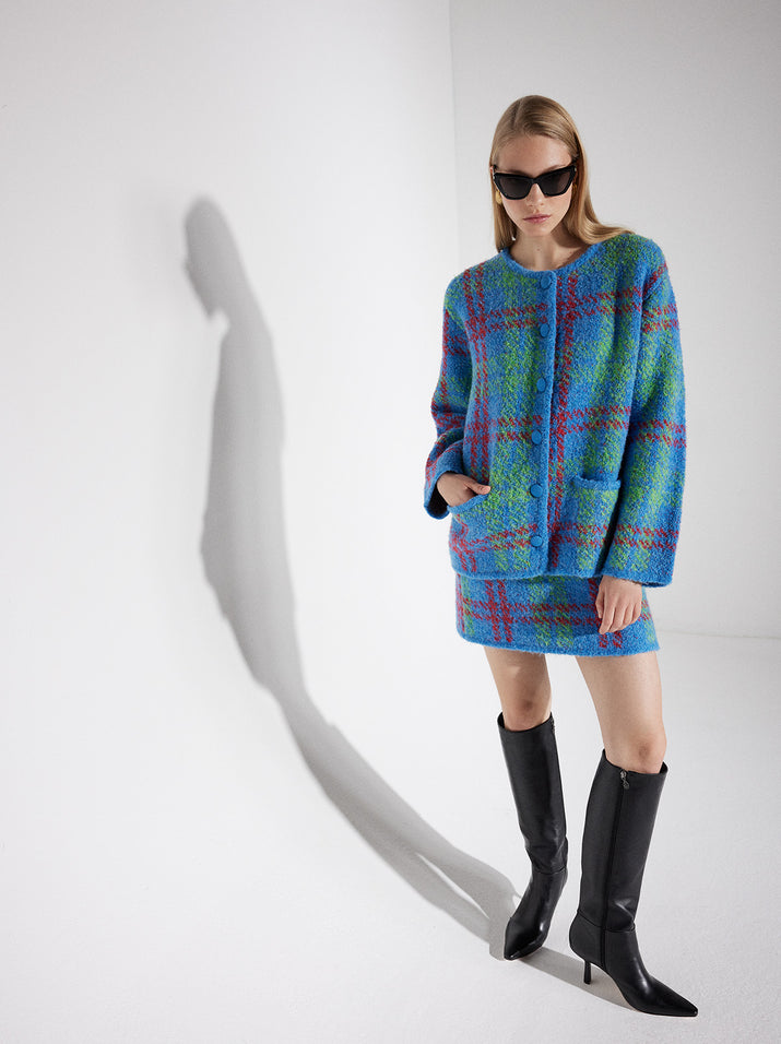 Pandora Blue Check Boucle Knit Cardigan