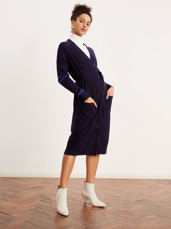 Alberta Navy Merino Striped Longline Cardigan by KITRI Studio