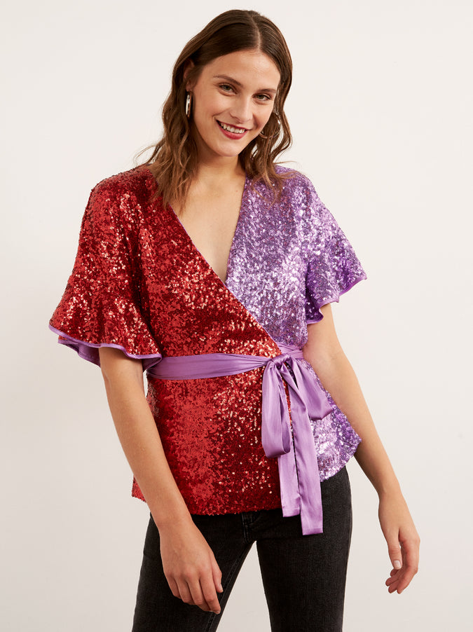 Alexis Red Sequin Frill Wrap Top by KITRI Studio