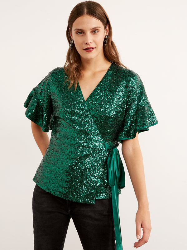 Alexis Green Sequin Frill Wrap Top by KITRI Studio