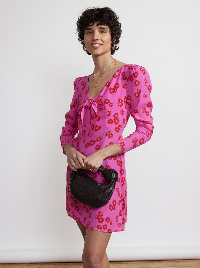 Amalie Pink Daisy Print Tie Front Mini Dress by KITRI Studio