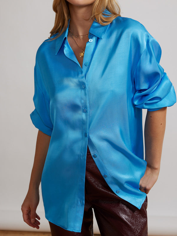 Angela Blue Satin Shirt by KITRI Studio