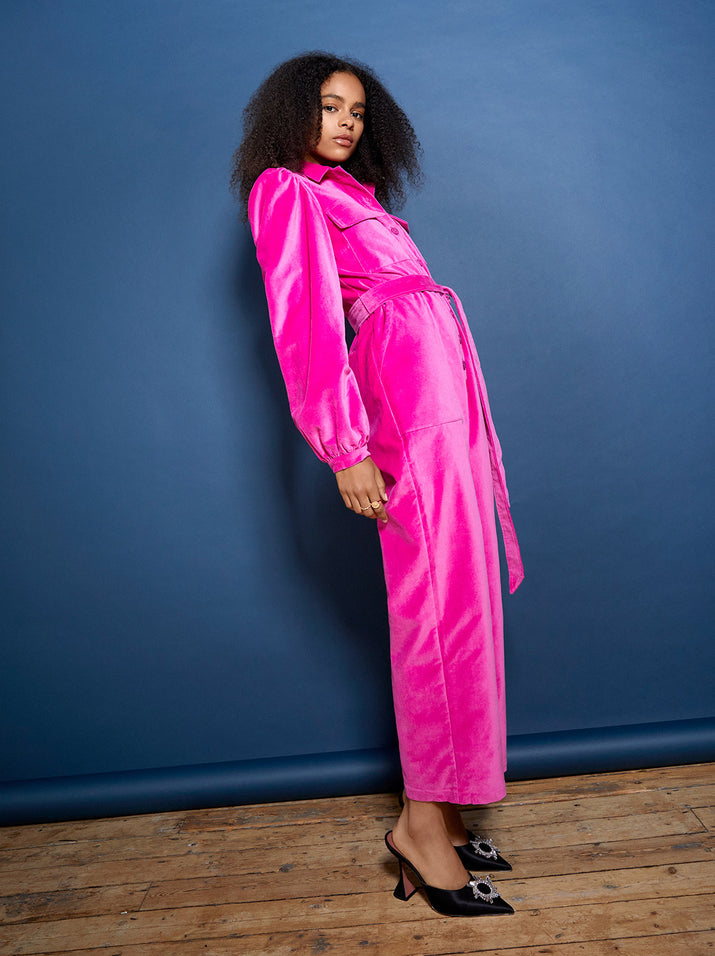 Angie Pink Cotton Velvet Jumpsuit by KITRI Studio