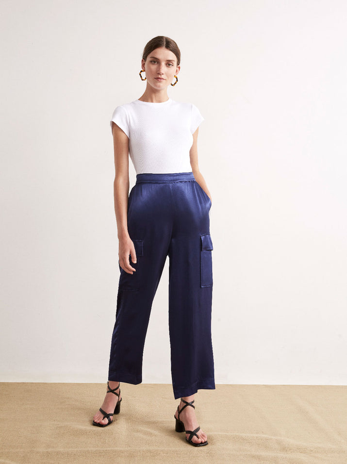Azalea Navy Utility Satin Trousers by KITRI Studio