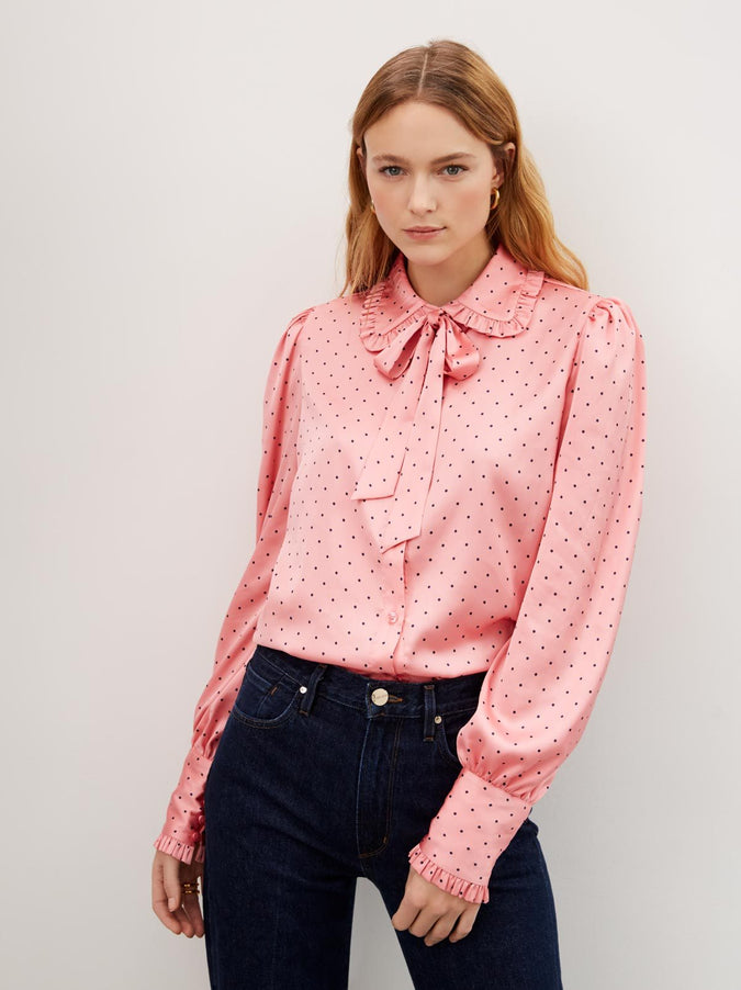 Bessie Pink Polka Dot Pussy Bow Blouse by KITRI Studio