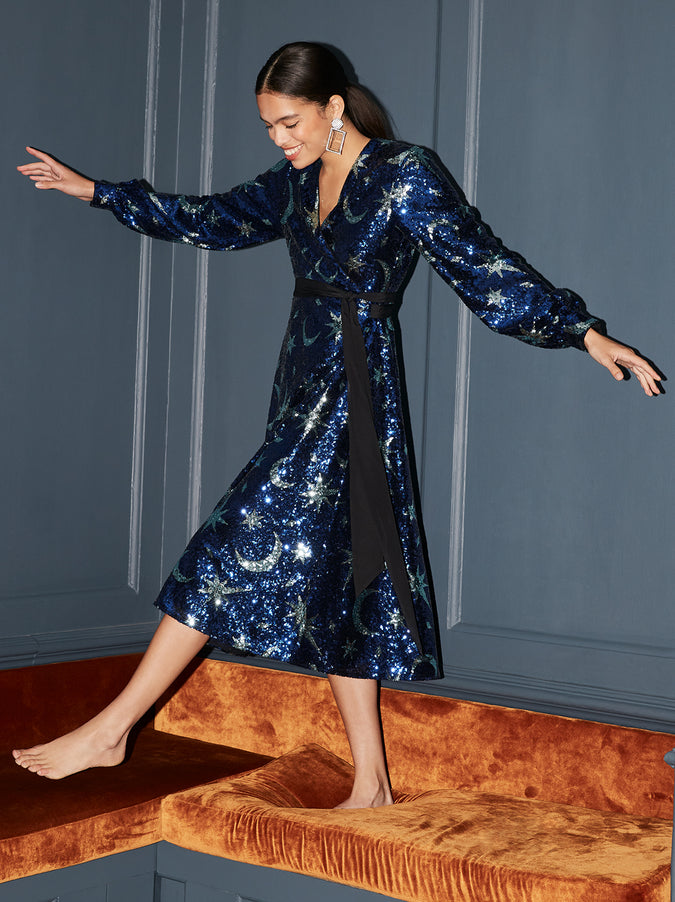 Bianca Blue Sequin Wrap Midi Dress by KITRI Studio 