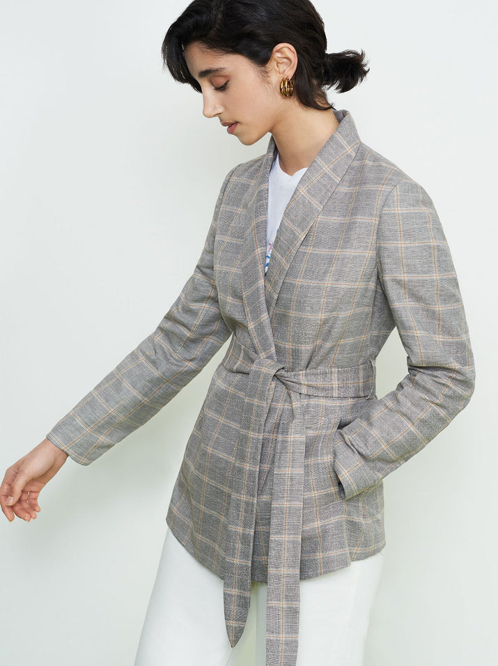 Camilla Grey Check Linen Wrap Jacket by KITRI Studio