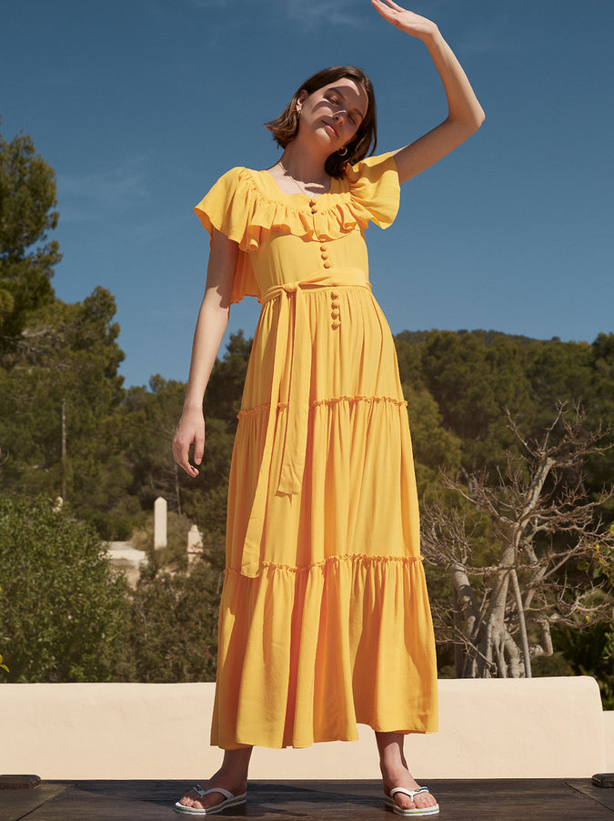 Carida Yellow Frill Sleeve Maxi Dress by KITRI Studio