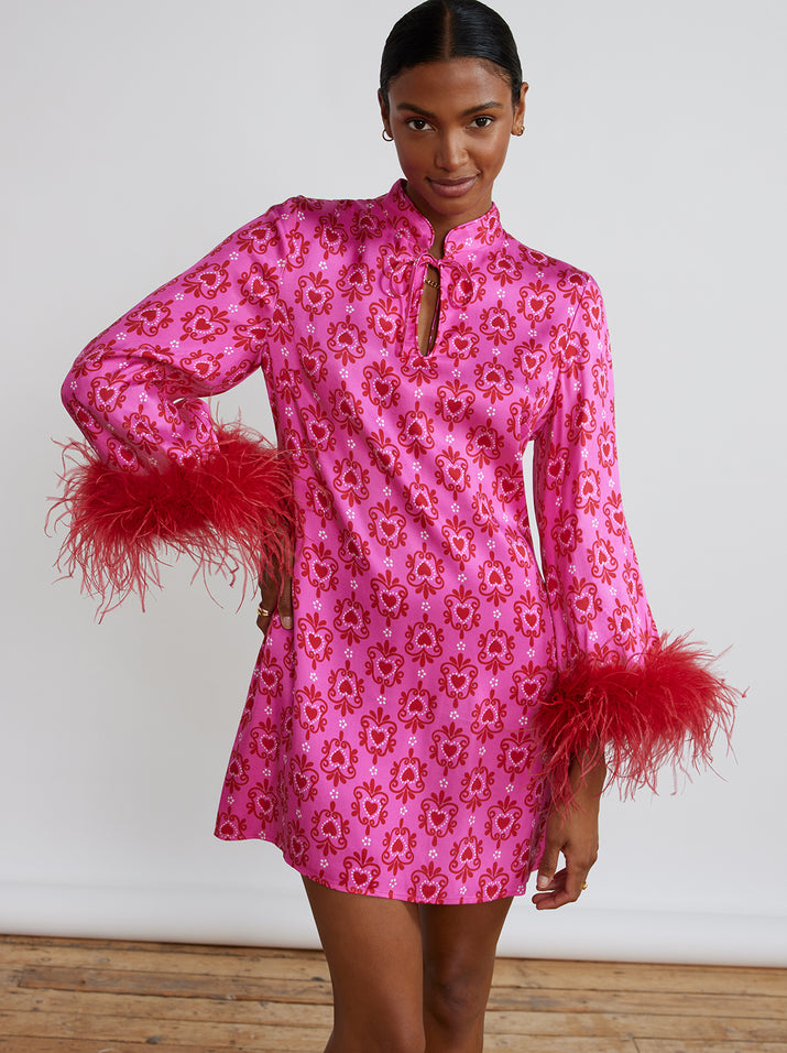Carlotta Pink Heart Print Mini Dress by KITRI Studio
