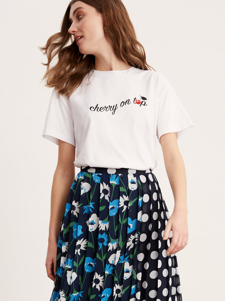 Cherry on Top White Embroidered Cotton T-shirt by KITRI Studio 