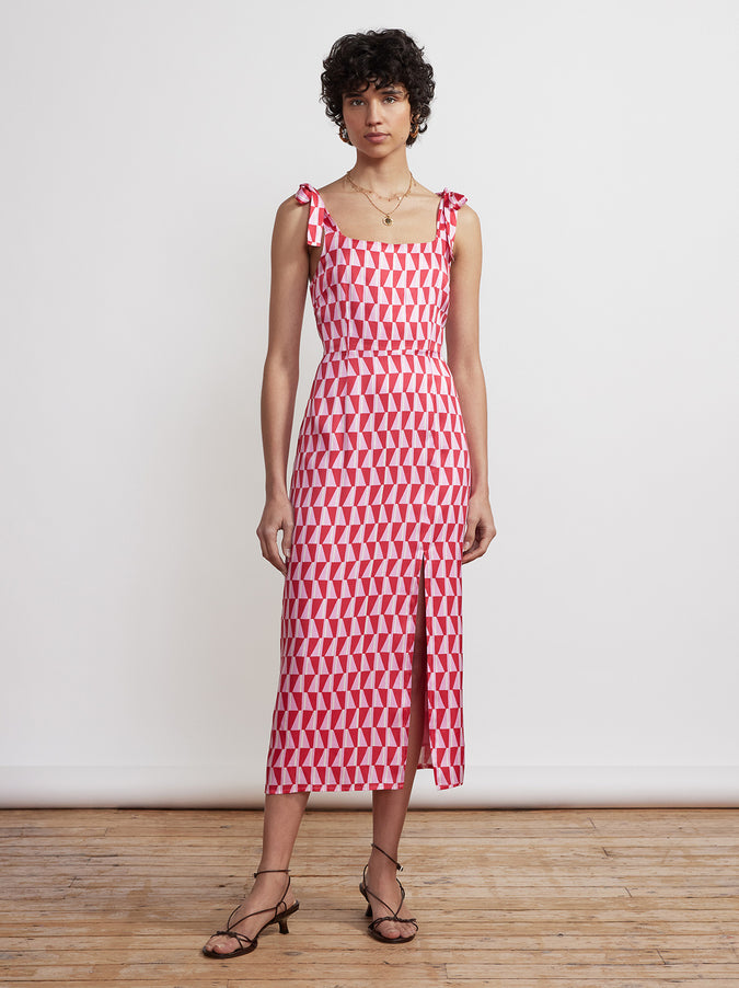 Coretta Tie Shoulder Pink Tile Print Dress by KITRI Studio