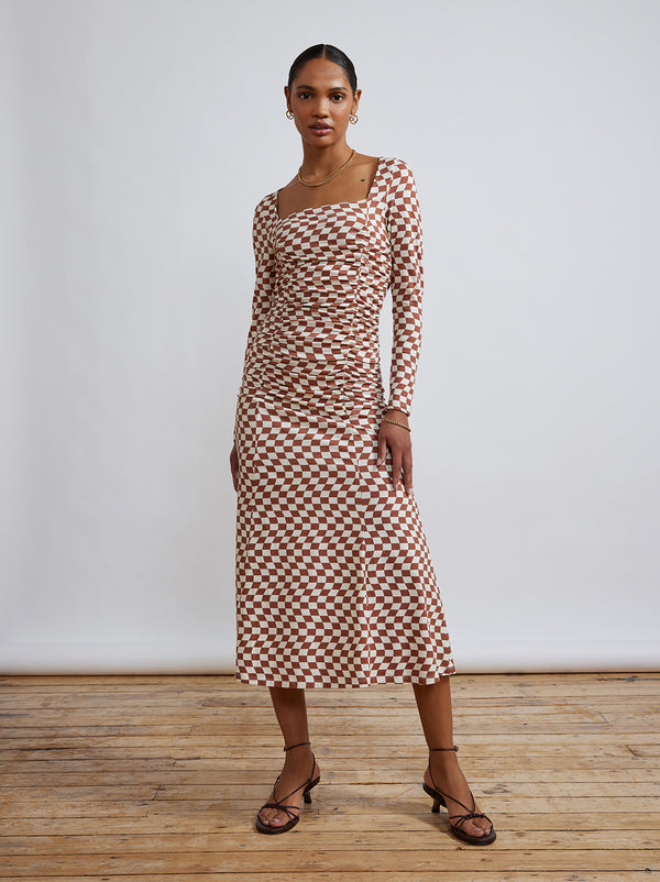 Diedre Wavy Checker Ruched Jersey Dress by KITRI Studio
